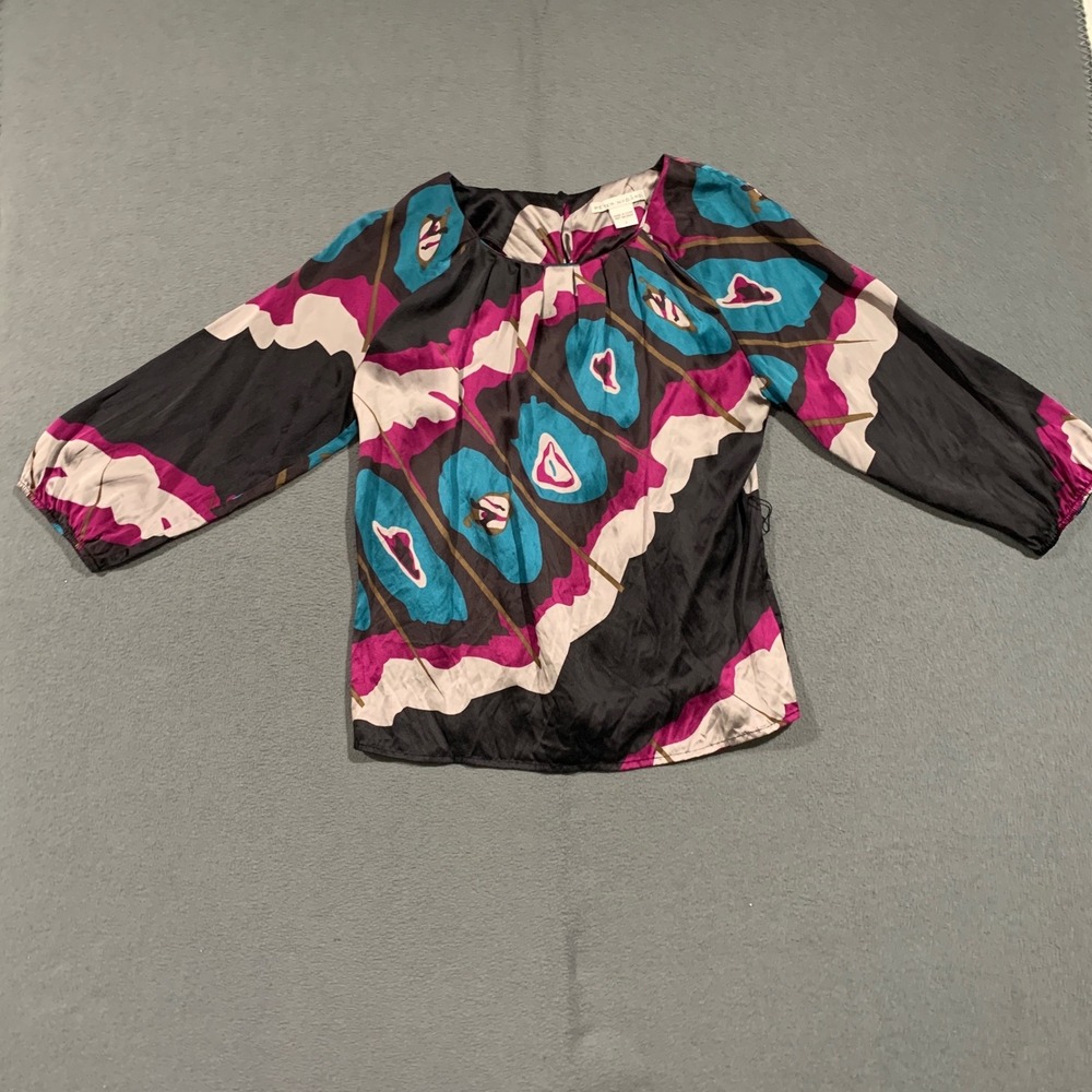 Peter Nygard Silk Abstract Print Blouse Women Size 6 Long‎ Sleeve Gathered Neck